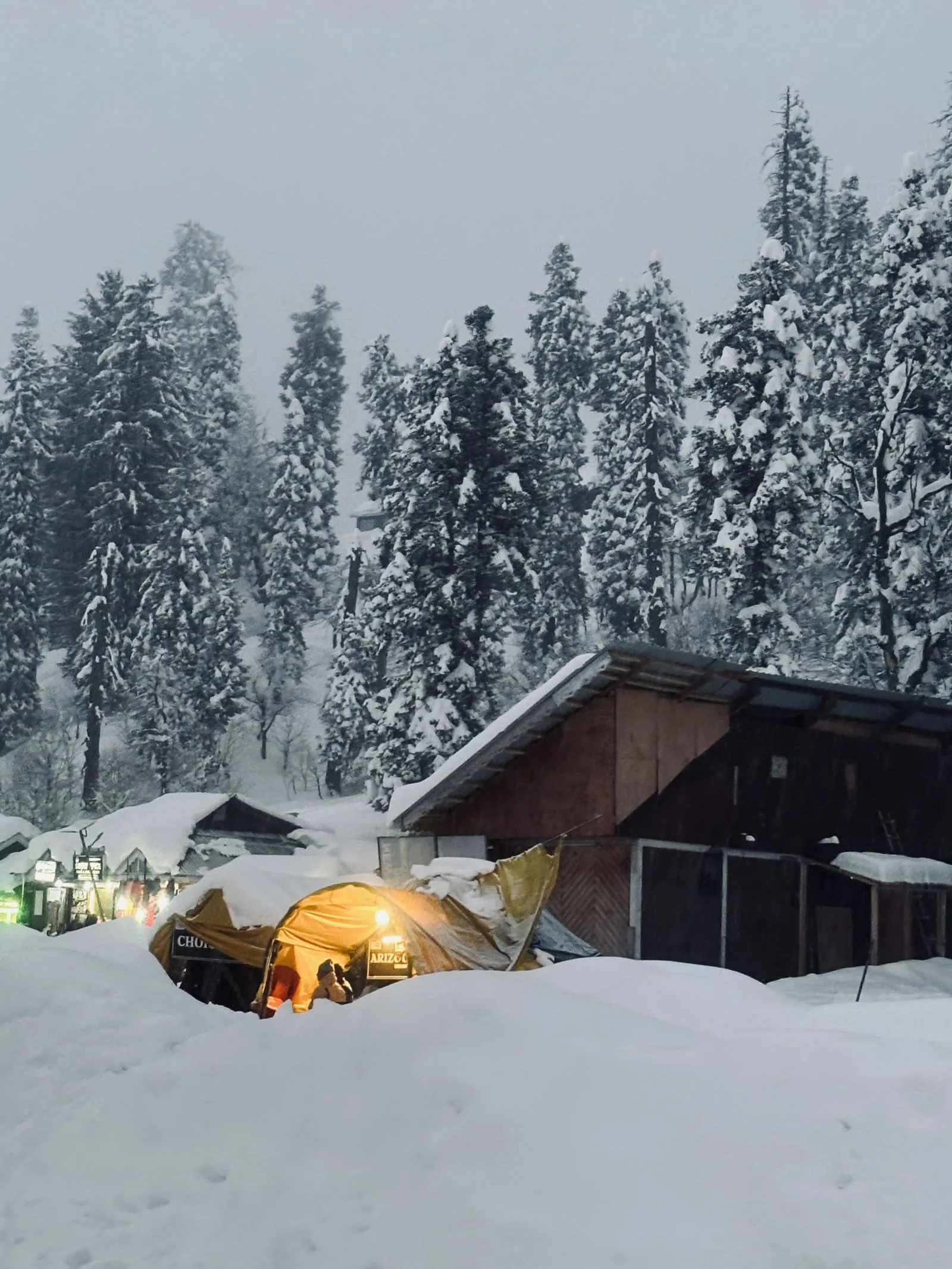 雪の森の中、小屋の近くで明かりが灯るテント