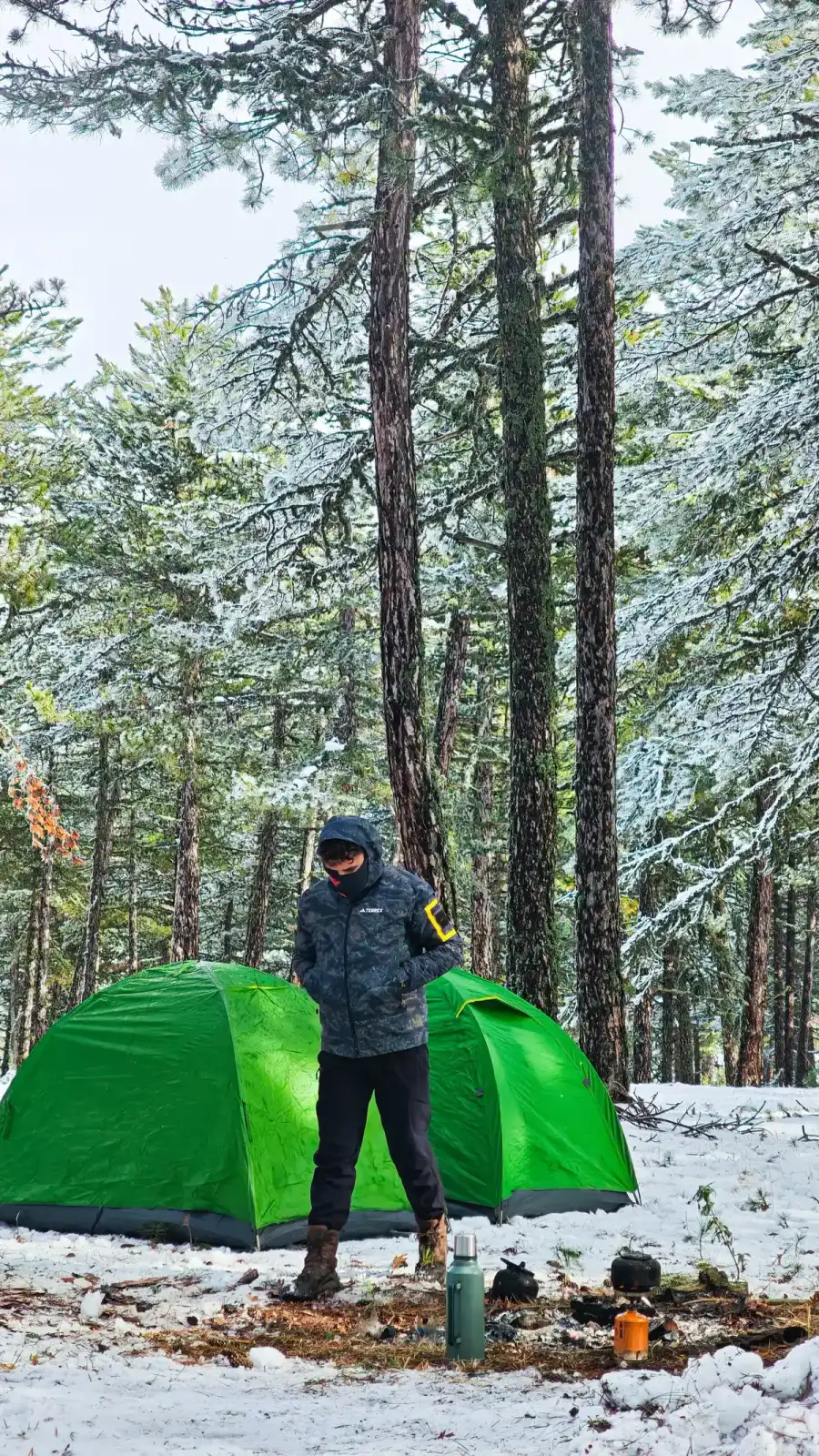 雪の積もった森で緑色のテントのそばに立つ人物