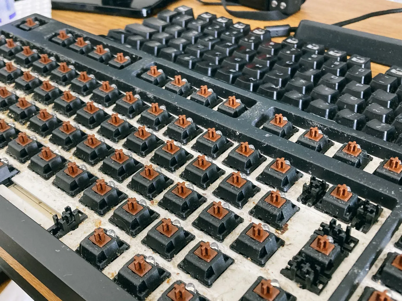 キーキャップを外して内部のスイッチがむき出しになったキーボード